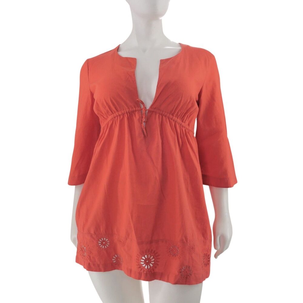 Banana Republic Sz Large Linen Cotton Babydoll Mini Dress Tunic Top Orange Shirt